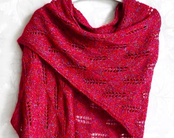 Knitted red melange alpaca shawl, cherry wool shawl, red wool baktus, winter shawl, women's shawl, knit cherry wool wrap, red alpaca wrap