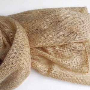 Knitted kid-mohair beige scarf, light-brown wool scarf, women&#39;s scarf, knit beige mohair wrap, caramel lace scarf, knit beige mohair stola