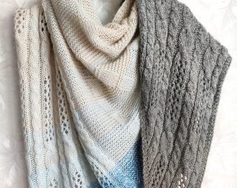 Knitted beige-blue-grey alpaca shawl, beige merino wool shawl, winter shawl, knitted beige alpaca wrap,  grey merino wrap, women's shawl