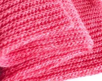 Knitted mohair coral scarf, bright-pink wool scarf, winter scarf, knit pink mohair stola, women's scarf, knitted mohair wrap, pink wool wrap