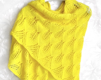 Knitted bright-yellow mohair shawl, lemon merino wool shawl, yellow lace shawl, knit mohair wrap, bright-yellow merino wrap, women's shawl