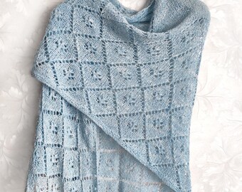 Knitted cotton light-blue shawl, sky blue lace shawl, women's shawl, summer shawl, boho cotton shawl, knitted cotton wrap, blue cotton wrap