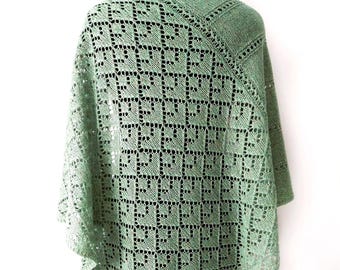 Knitted olive cotton shawl, light-green lace shawl, green tweed shawl, women's shawl, knit green cotton wrap, olive tweed wrap, summer shawl