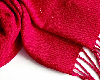 Handwoven red cotton scarf with sequins, cherry cotton scarf, summer scarf, woven cherry cotton wrap, woven red cotton stola, women's scarf
