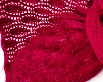 Knitted cherry mohair with lurex scarf, dark-red wool scarf, winter scarf, cherry wool wrap, women's scarf, knit mohair wrap, red wool stola