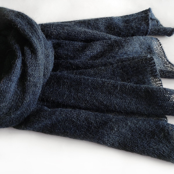 Knitted alpaca dark-blue scarf, navy blue lace scarf, blue alpaca stola, women's scarf, men's scarf, navy blue alpaca wrap, knit lace wrap