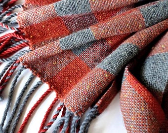 Handwoven grey-orange tweed scarf, plaid merino scarf, terracotta wool scarf, woven terracotta tweed wrap, women's scarf, orange tweed stola