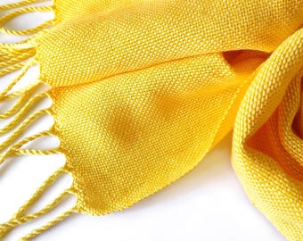 Handwoven linen with cotton bright-yellow scarf, woven linen wrap, yellow linen wrap, cotton wrap, woven yellow linen stola, women's scarf