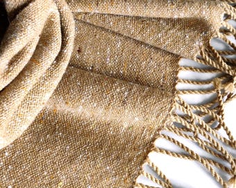 Handwoven beige merino with cashmere scarf, brown tweed scarf, woven beige merino wrap, woven beige tweed stola, women's scarf, men's scarf