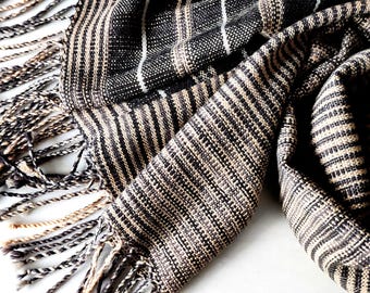 Handwoven beige-grey merino scarf, striped scarf, woven merino wrap, beige-grey wool wrap, women's scarf, woven grey wool stola, men's scarf