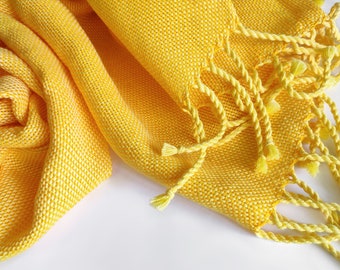 Handwoven linen bright-yellow scarf, handwoven linen wrap, yellow cotton scarf, women's scarf, yellow cotton wrap, woven yellow linen stola