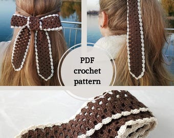 Patrón de ganchillo en PDF para cinta para el cabello, patrón de ganchillo para lazo para el cabello, tutorial de ganchillo para diadema, lazo marrón de ganchillo, cinta para el cabello de mujer en PDF