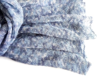 Knitted kid-mohair blue melange scarf, women's scarf, knit mohair wrap, blue lace wrap, sky-blue scarf, knit blue mohair stola, men's scarf