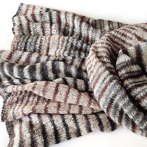 Knitted beige-grey merino scarf, women&#39;s lace scarf, knit wool wrap, knit beige merino stola, striped scarf, grey merino wrap, men&#39;s scarf
