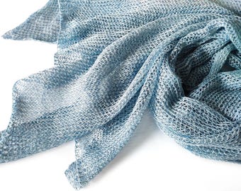 Knitted light-blue linen scarf, sky-blue cotton scarf, summer scarf, knit blue linen stola, women's scarf, knit linen wrap, blue linen wrap