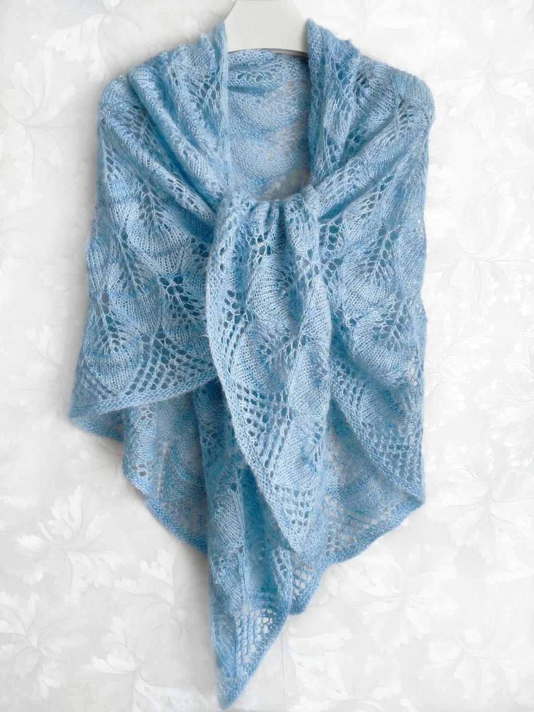 Knitted Lightblue Mohair Shawl Merino Wool Shawl Blue Wool Etsy
