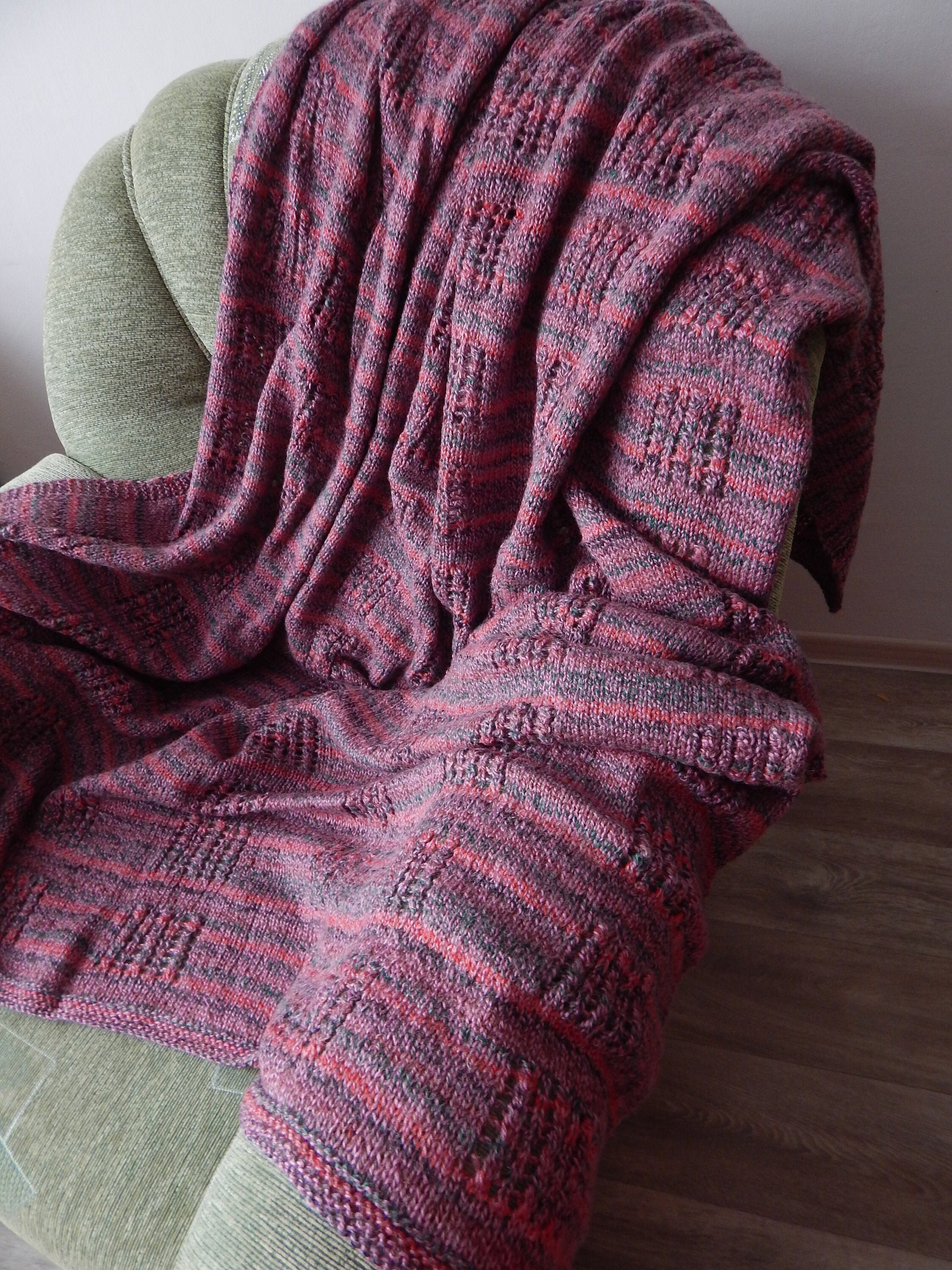 Knitted pink striped wool blanket pink sofa throw berry wool Etsy