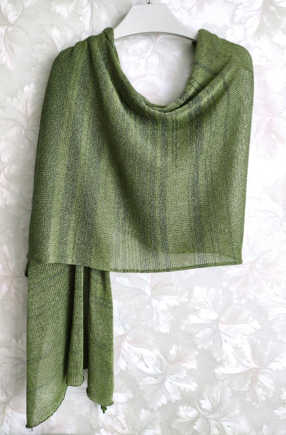 Knitted cotton olive melange scarf, green striped cotton scarf, summer  scarf, knit olive cotton wrap, knit olive cotton stola, women's scarf