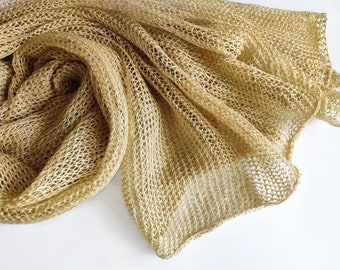 Knitted sand linen scarf, beige cotton scarf, champagne lace scarf, summer scarf, beige linen stola, women's scarf, knitted beige linen wrap