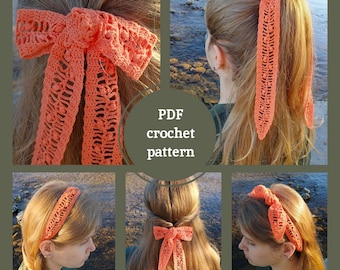 Patrón de ganchillo en PDF para cinta para el cabello, patrón de ganchillo para lazo para el cabello, tutorial de ganchillo para diadema, ganchillo para accesorio para el cabello, cinta para el cabello de mujer