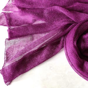 Knitted fuchsia linen scarf, summer scarf, purple lace scarf, knit fuchsia linen stola, women&#39;s scarf, knitted linen wrap, purple lace wrap