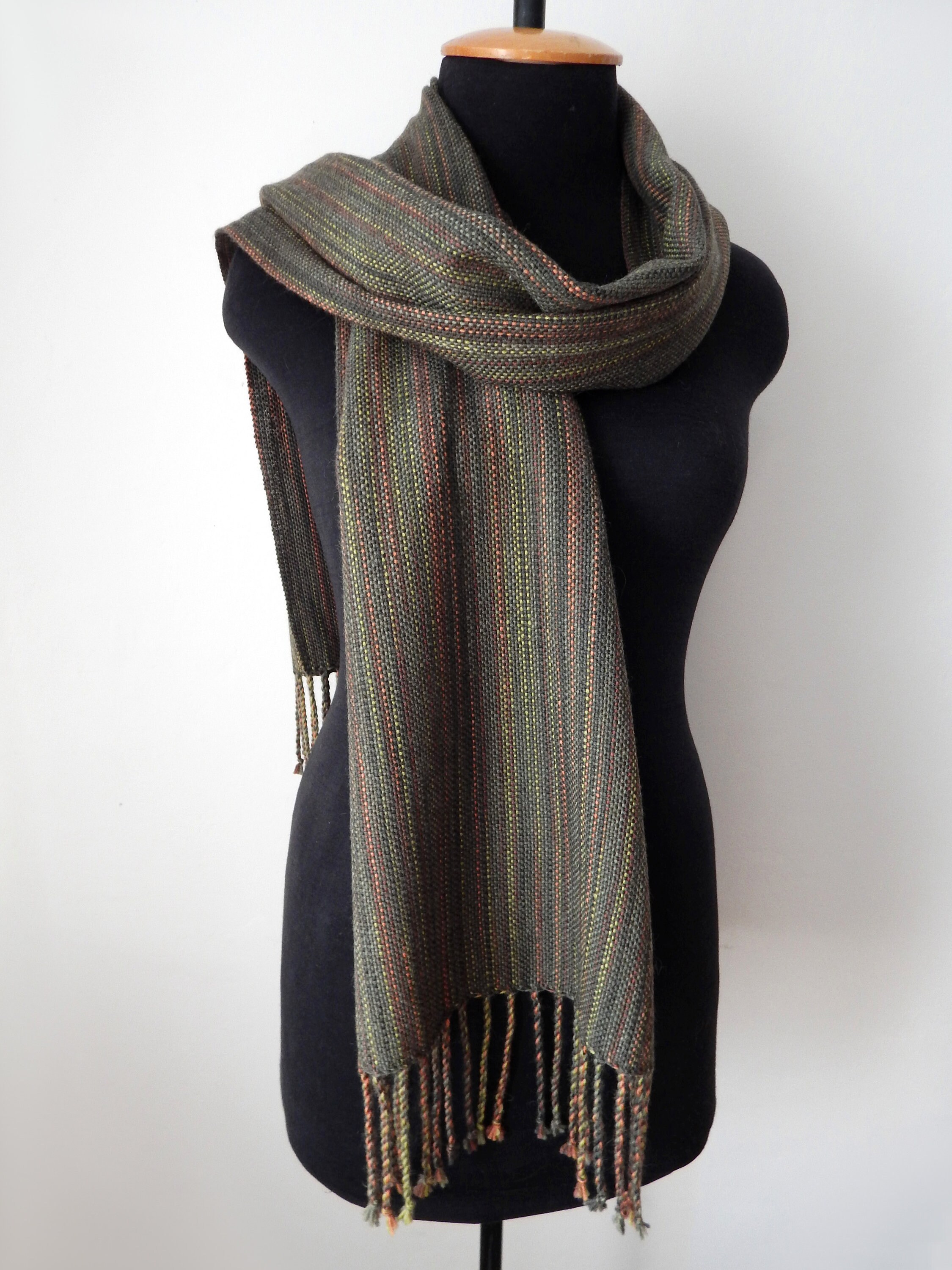 Woven dark-olive merino scarf olive striped scarf khaki wool | Etsy