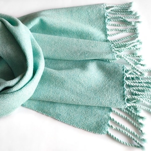 Handwoven light-turquoise merino scarf, light-blue wool scarf, turquoise merino wrap, woven blue wool stola, women&#39;s scarf, woven blue wrap