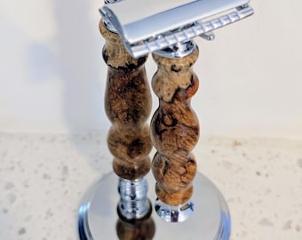 Hand Crafted Amboyna Dual-Tone Wood Household Razor and Stand Accent