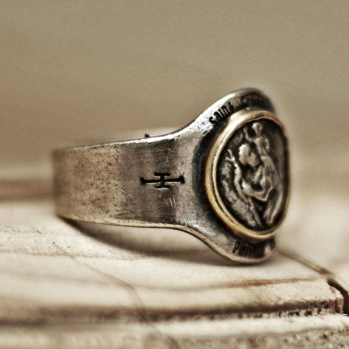 St. Christopher Coin Clamped Vintage Style Silver Ring, Recommended As A Catholic Religious Ring