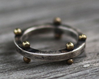 rustic ring, industrial ring, vintage ring, word ring, silver ring, brass decorated ring, brass ball
