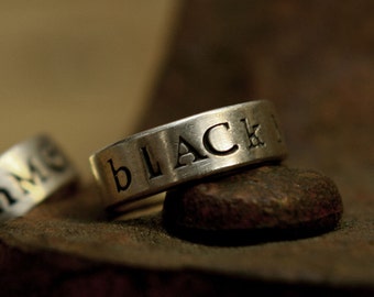 Personalized Hand Stamped Oxidized Silver Word Ring: Custom Message