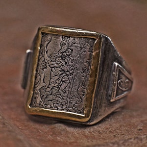 medieval woodcut inspired St. Christopher engraved vintage style silver ring