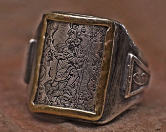 middeleeuwse houtsnede geïnspireerd St. Christopher gegraveerde zilveren ring in vintage stijl