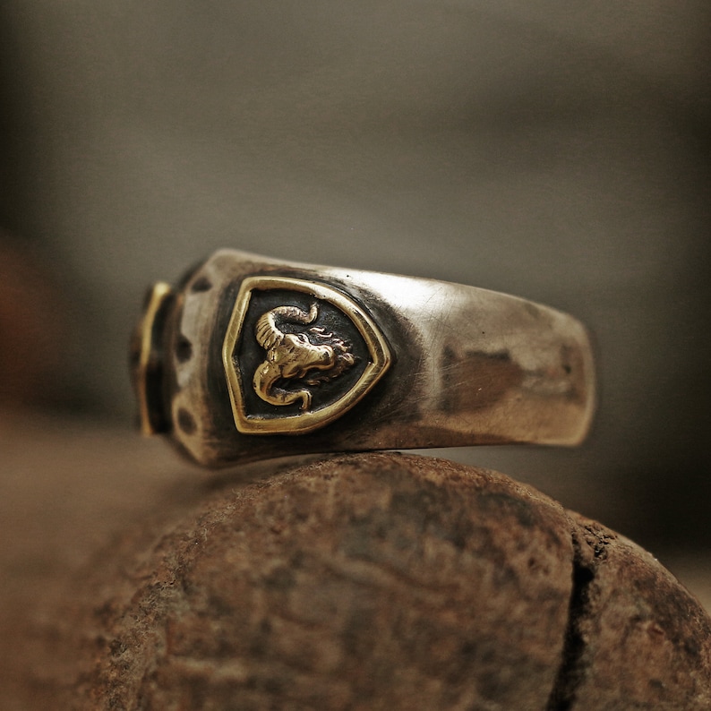 crest ring bas relief mens ring menly ring rustic ring vintage ring medieval ring signet ring brass ring raised ring ram ring