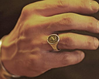 Highly detailed griffin crest ring, semi polished signet ring