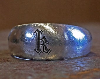 Embossed Black font single initial engraved rustic silver ring