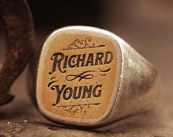 Custom graphic name silver signet ring