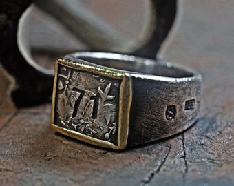 Floral pattern embossed silver face with personalized numbers vintage style silver ring