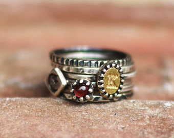 Personalized Stacking Ring Set: Initial Silver Ring with Garnet, Turquoise, or Howlite