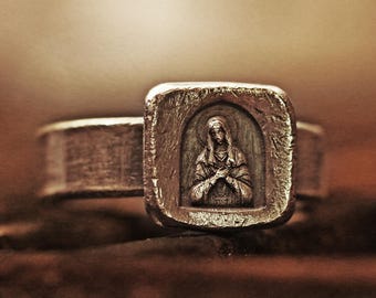 Vintage St. Mary Ring: Oxidized 925 Silver Religious Jewelry