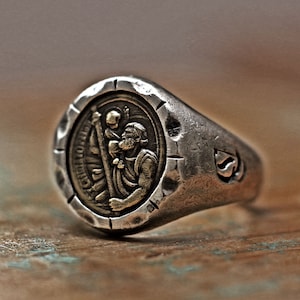 vintage ring, medieval ring, carved ring, menly ring, mens ring, crest ring, signet ring, saint ring, Saint Christopher, rustic ring