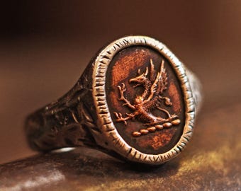 Highly detailed griffin crest ring, distressed signet ring