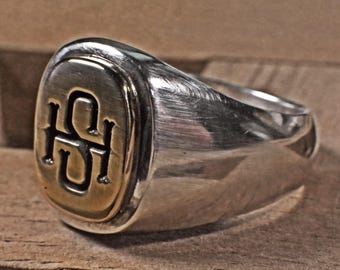 Semi polished brass face simple monogram silver ring