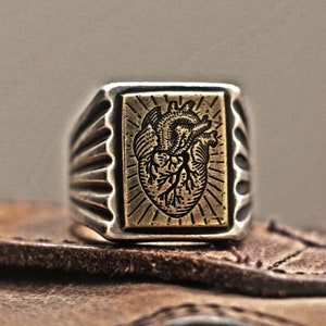 vintage ring, medieval ring, carved ring, manly ring, mans ring, crest ring, signet ring, heart ring, brass ring, biker ring, Chevalier ring