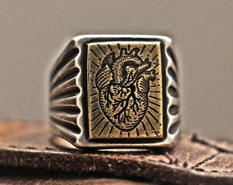 vintage ring, medieval ring, carved ring, manly ring, mans ring, crest ring, signet ring, heart ring, brass ring, biker ring, Chevalier ring