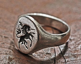 Unicorn wax seal ring inspired by ancient Greek, Roman rings. Recommended as a charm ring