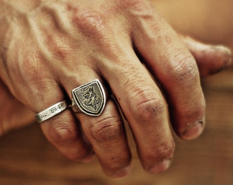 Oxidized Sterling Silver Wolf Ring: Medieval Woodcut Style