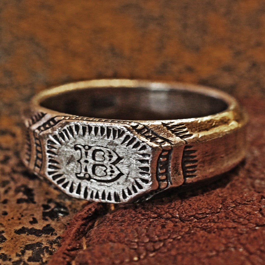 Vintage Style Initial Ring Inspired by Medieval Hand Craving Decorated ...