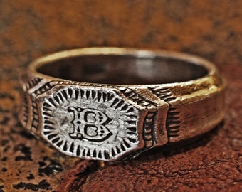 Vintage style initial ring inspired by medieval hand craving decorated ring