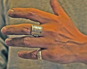medieval woodcut inspired St. Christopher engraved vintage style silver ring